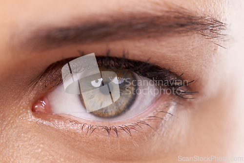 Image of Model, closeup and green eye with makeup in studio and optic health with cosmetics or microblading. Woman, healthcare or color or cosmetic contact lens in optometry or ophthalmology for clear vision