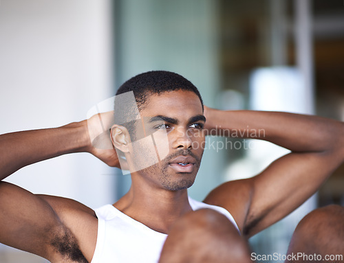 Image of Black man, exercise and cardio workout with sit ups for fitness, training and core strength at home. African person, wellness and gym routine with performance for muscle, technique and healthy body