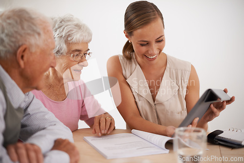 Image of Finance, senior couple and advice for insurance on tablet, consulting and accountant for paperwork. Woman, elderly people and plan for retirement on app, asset management and discussion on investment