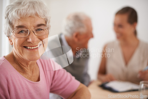 Image of Senior, woman and happiness portrait in home with financial advisor for retirement planning or life insurance by table. Elderly, people and face with consultant for title deed and pension agreement