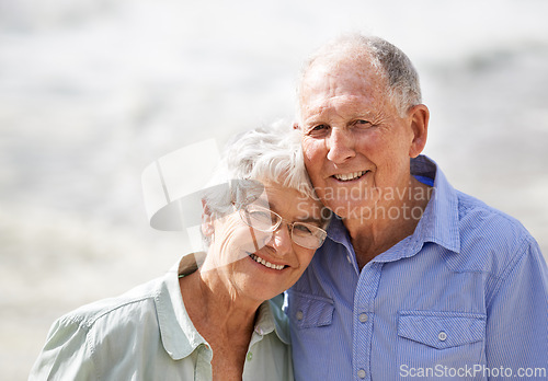 Image of Elderly, couple and happy portrait at beach for retirement vacation or anniversary to relax with love, care and commitment with support. Senior man, woman and together by ocean for peace on holiday.
