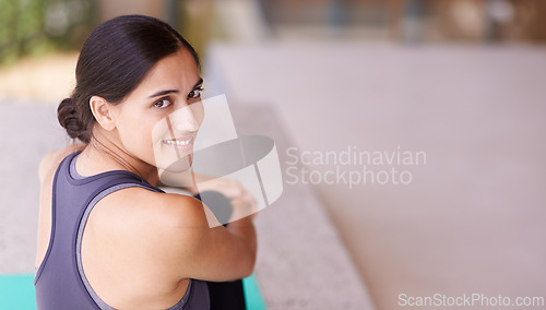 Image of Happy woman, portrait and yoga with mockup space for workout, exercise or fitness at home. Face of female person or yogi with smile in relax for break, rest or balance in health and wellness at house