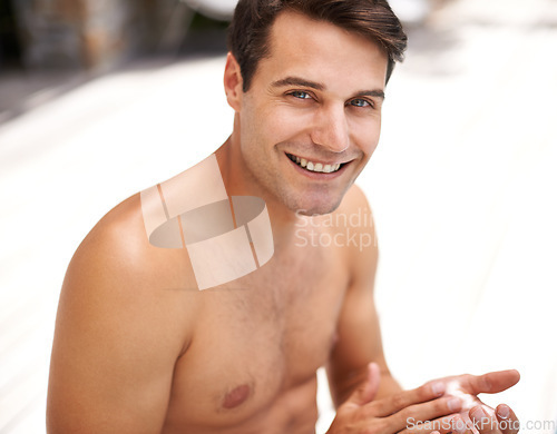 Image of Skincare, portrait or happy man with sunscreen application outdoor for travel, relax or summer break. Sunblock, face or male person smile for cream, lotion or body care and spf sunbathing cosmetics