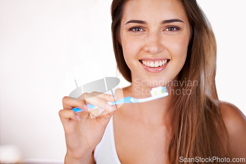 Image of Happy, dental and portrait of woman with toothbrush for health, wellness and clean routine for hygiene. Oral care, smile and young female person with toothpaste for dentistry teeth or mouth treatment