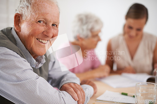 Image of Senior, man and happiness portrait in home with financial advisor for retirement planning or life insurance by table. Elderly, people and face with consultant for title deed and pension agreement