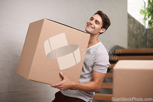 Image of Man, moving boxes and new home by stairs with smile, fresh start and investment in real estate. Person, cardboard and package on steps in apartment, house and happy for rent, mortgage and property