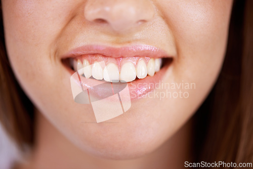 Image of Smile, dental and closeup of woman teeth with health, wellness and clean routine for hygiene. Oral care, happy and zoom of young female person with dentistry mouth treatment for fresh breath.