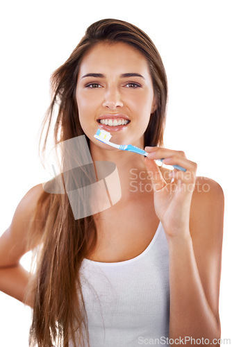 Image of Smile, dental and portrait of woman with toothbrush for health, wellness and clean routine for hygiene. Oral care, happy and young female person with toothpaste for dentistry teeth or mouth treatment