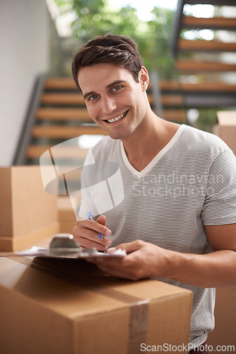 Image of Man, boxes and portrait with clipboard for moving, delivery and documents for logistics, smile and invoice. Person, cardboard and package with paperwork for service, signature and stock in new house