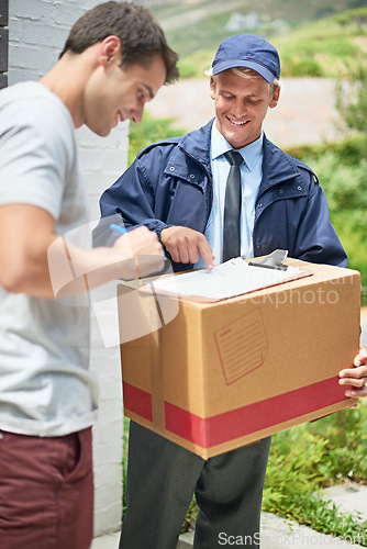 Image of Courier man, customer and sign with clipboard for box, reading and document for delivery, invoice and tax. Person, cardboard and package with paperwork for service, signature or stock in supply chain