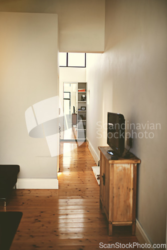 Image of House, empty room and corridor with home decor or real estate building property or furniture, television or hallway. Lounge, wooden floor and cupboard or New York residential, organized or modern