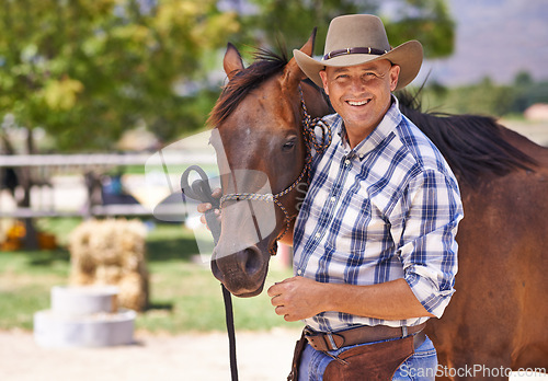 Image of Man, farmer and happy with horse in ranch for care with bonding, feeding and support in Texas. Mature, male person and cowboy with smile for domestic animal in countryside for agriculture work.