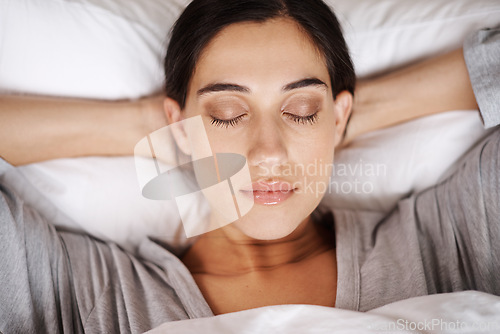 Image of Relax, peace and woman sleeping in a bed with comfort, dreaming or resting at home. Face, top view or female person in bedroom for vacation, holiday or day off nap, recovery or calm snooze in house