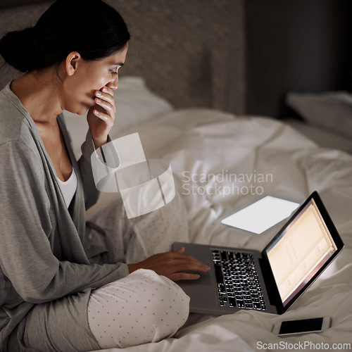 Image of House, bedroom and yawn from woman with laptop for writing novel on site for ebook. Night, female person and girl tired from editing novel with digital devices of tablet and technology of phone