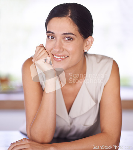 Image of Calm, home and woman relax in portrait on kitchen counter in modern house with confident realtor. Property, agent and person with pride and happiness in apartment, real estate or homeowner in morning