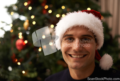 Image of Portrait, house and smile on man with hat for Christmas in living room with tree for celebration. Apartment, happiness and male person with joy in family home for tradition and vacation for holiday