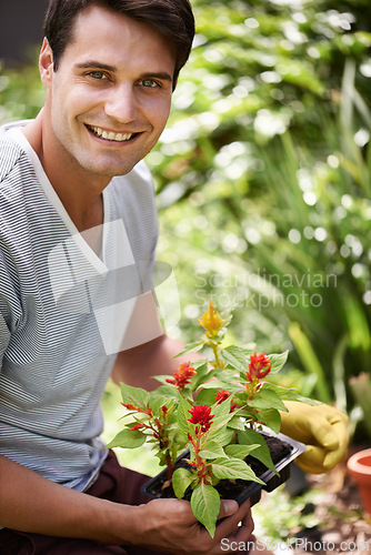 Image of Portrait, man or plant to relax, gardening or horticulture in landscaping, spring or backyard. Male gardener, healthy seedling or floral care for natural, sustainable living or carbon capture