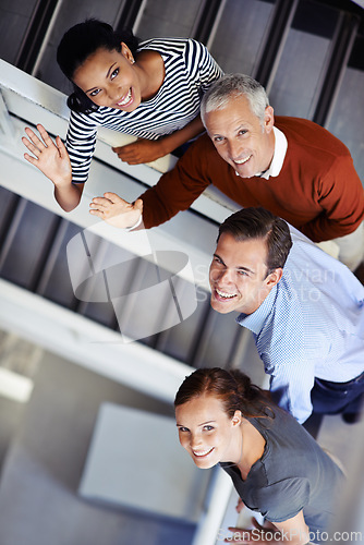 Image of Portrait, stairs and business people with teamwork, group and collaboration with diversity. Multiracial, staff and employees with cooperation and steps with PR consultant and agency with startup