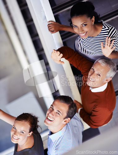 Image of Portrait, stairs and business people with teamwork, smile and cooperation with project and PR consultant. Group, staff and steps with employees and collaboration with creative agency and happiness