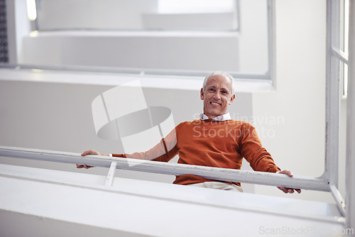 Image of Low angle, business and portrait with old man, stairs and creative agency with professional and PR agency. Face, mature person or employee with happiness and entrepreneur with steps, smile or startup