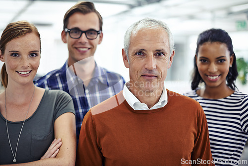 Image of Portrait, diversity and business people with leader, startup and cooperation with partnership and consultant. Face, multiracial and group with company and PR agency with teamwork and collaboration