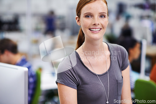 Image of Graphic designer, office and portrait of woman with smile for pride, confidence and startup company. Creative employee, entrepreneur and face with happiness for job, workplace or small business