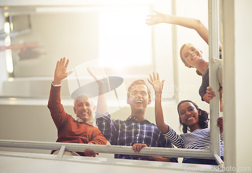 Image of Portrait, stairs and business people with wave, teamwork and lens flare with sunshine and cooperation. Face, staff and group with collaboration or steps with professional or PR consultant with agency