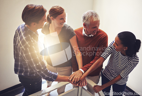 Image of Lens flare, people or hand for diversity, unity or hope in collaboration, trust and motivation. Team, huddle and smile for teamwork, gender equality and inclusion for employee engagement in office