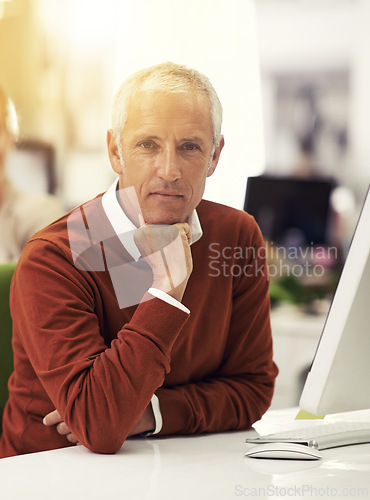 Image of Portrait, professional and business with computer, man and planning with brainstorming and thinking. Face, employee and PR consultant with pc and agency with project and tech with ideas or lens flare