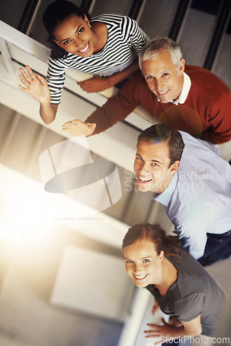 Image of Portrait, stairs and business people with teamwork, sunshine and collaboration with diversity and PR consultant. Lens flare, group and employees with cooperation or steps with agency, wave or startup