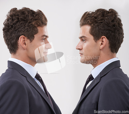 Image of Business man, clone and face of worker with corporate career or job in studio isolated on white background. Twin, professional entrepreneur or employee together, replica or duplicate salesman in suit