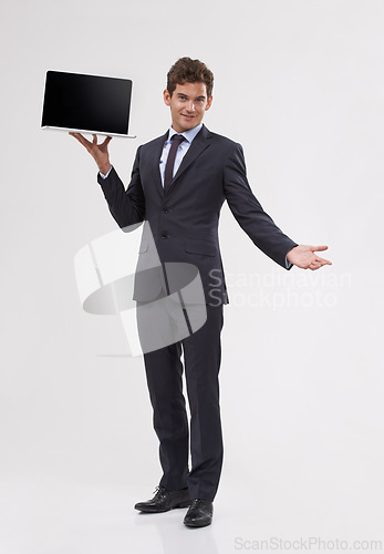 Image of Portrait, screen or man holding laptop, business or entrepreneur on white studio background. Face, person or model with tech, internet or computer with presentation or showing with email notification