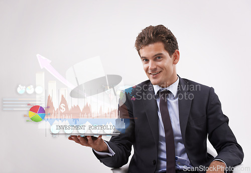 Image of Portrait, future and businessman with graph on tablet for analysis of stock market investment. Happy face, technology and broker with chart for finance data isolated on a white studio background