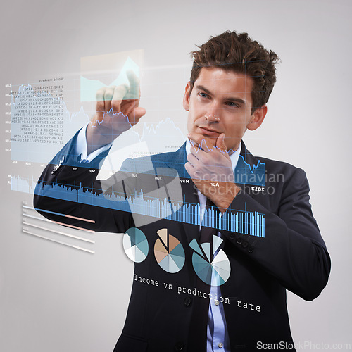 Image of Businessman, graph and thinking on digital screen with statistics isolated on a white studio background. Chart, trader and touchscreen for finance data, idea or press button for investment on overlay