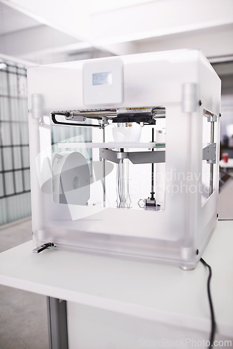 Image of 3d printer, lab and tech in creative, prototyping and design in digital robotics innovation. Printing, machine and electronics to process, robot and material in additive manufacturing project