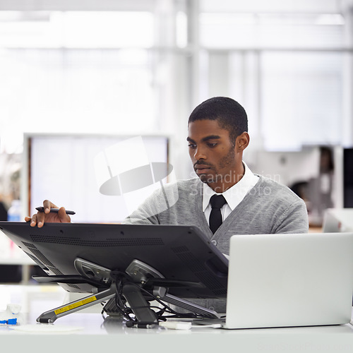 Image of Professional, man and drawing on monitor in office as architect, planning with research for design. Creative, software and sketch with tablet and laptop for architecture, project and productivity