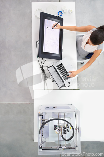 Image of 3D, printing and designer in office, working on monitor and above desk with planning on tech for rendering. Prototype, printer and aerial view of person with technical drawing or engineering project