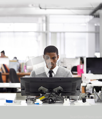 Image of Black man, employee and intern with computer at workplace, office and professional at desk for creative career. African male person, graphic designer and illustrator working on designs on 3D printer