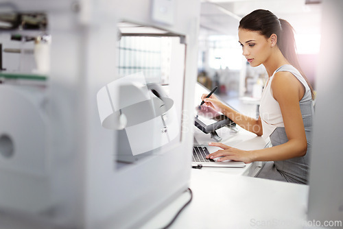 Image of Woman, working and designer with 3D printer in office for creative planning on tech for rendering or research. Printing, prototype and person with technical drawing on monitor or engineering project