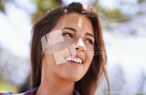 Image of Closeup, woman and smile outdoor in nature, environment and natural light to relax in garden, backyard and patio. Happy, female person and gen z girl outside on landscape, trees and farm in Texas