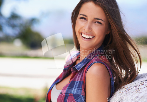 Image of Portrait, smile or fashion and woman countryside, outdoors and trees on farm. Happy, plaid or stylish outfit for casual gen z woman, lifestyle and summer for trendy and contemporary female from Texas