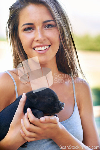 Image of Portrait, outdoor and woman with a piglet, sunshine or joy with weekend break or bonding together. Face, person or girl with animal or pet with summer or cheerful with agriculture, ranch or happiness