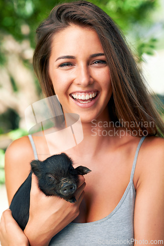 Image of Portrait, outdoor and woman with a piglet, excited and cheerful with happiness or bonding together. Face, person or girl with animal or pet with summer or agriculture with joy, ranch or weekend break