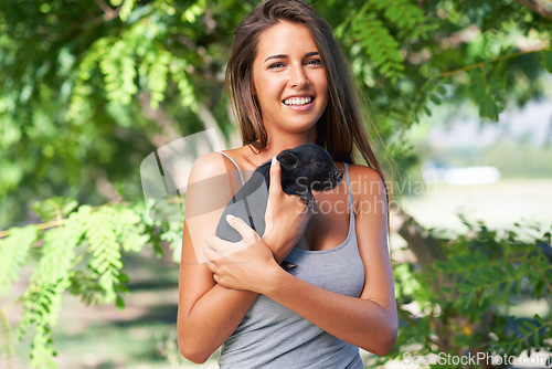 Image of Portrait, woman and pig for ranch, charity organization and rescue center. Volunteer, smile and face of female person with piglet for foster care, adoption and animal sanctuary for nonprofit or ngo