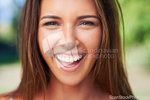 Image of Woman, smile and beauty in nature, portrait and closeup in natural light and skincare for cosmetics. Female person, happy and outside in summer, confidence and wellness for pretty in texas outdoor