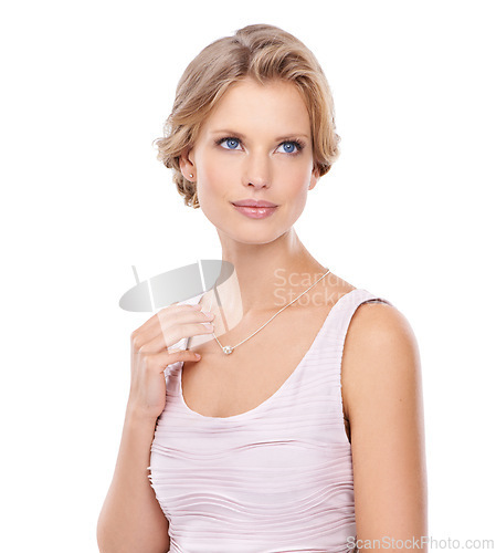 Image of Thinking, fashion and face of woman on a white background for beauty, wellness and health. Dermatology, salon aesthetic and isolated person with confidence, natural skin and cosmetics in studio