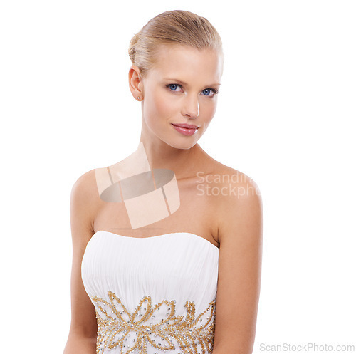 Image of Portrait, woman and bride with wedding dress in studio on white background in confidence for fashion. Female person, classy and glamour in elegant gown design for love, anniversary and celebration.