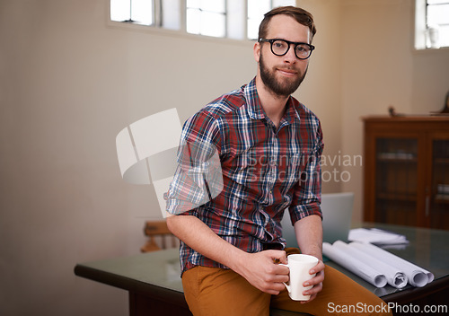 Image of Portrait, coffee and handyman with blueprint, engineering and construction company with startup. Face, employee and entrepreneur with morning tea or design for a property and real estate in an office