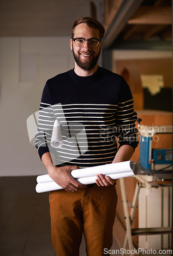 Image of Portrait, smile and man with blueprint, architect and real estate development with ideas and glasses. Person, employee and engineering with documents or maintenance with renovation, smile or property