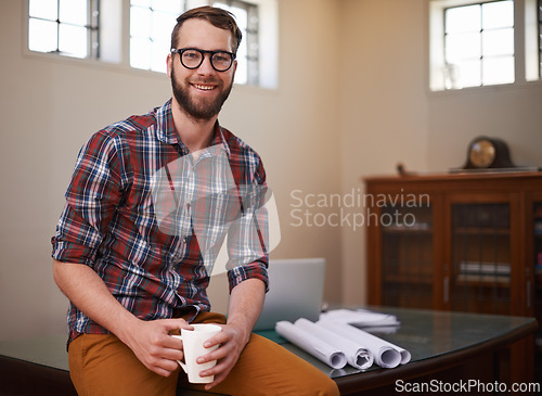 Image of Portrait, coffee and handyman with blueprint, smile and construction company with engineering. Face, employee and entrepreneur with morning tea and design for a property and carpenter with startup